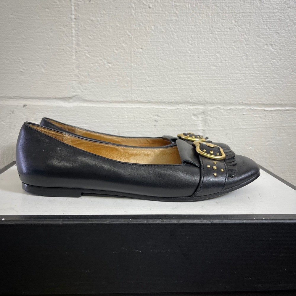Michael Kors Black Leather Kiltie Ballet Flats Gold Studded Slip On Women's 8 M